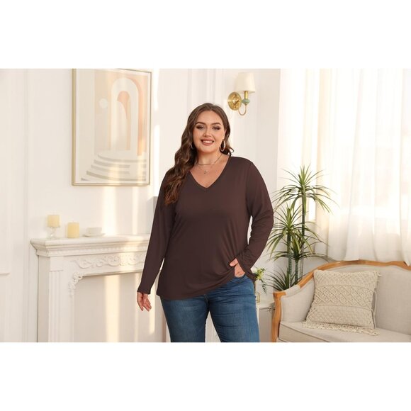 Women's Plus Size V Neck Long Sleeve Top Polyester Spandex Casual Fit - Picture 5 of 5
